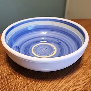 Italian Pottery 10” Round Salad Serving Bowl Blue Yellow Green Stripes Caleca - Picture 1 of 8