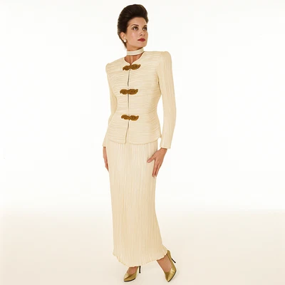 NUEVO CON ETIQUETAS DE COLECCIÓN AÑOS 80/90 GEORGE F COUTURE Fortuny Plisado Formal Chaqueta y Maxi Falda Conjunto Foto 1 de 4