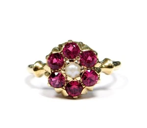 Victorian 14k Pearl Seed Pink Topaz Halo Cluster Yellow Gold Ring Sz 8 1897-1922 - Picture 1 of 6