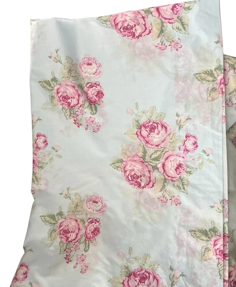 Rachel Ashwell Simply Shabby Chic Blue Pink Cabbage Rose Curtain Pair Panels - Image 1 of 4