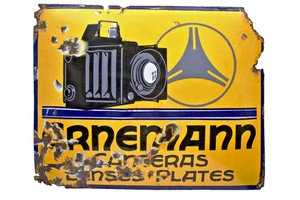 Insegna Smaltata Fotocamere Ernemann 19x15 Fotografia Tedesca Pubblicità Targa Vintage - Foto 1 di 7