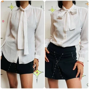 Vintage 70s 80s White Babydoll Coquette Secretary Blouse - Bow Tie Neck - M - Picture 1 of 2