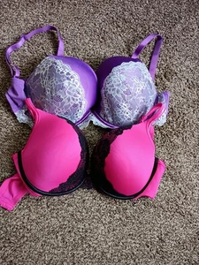 Lot Of 2 Cacique Bras Size 38 DDD, Pink/Black Lace,Purple White Lace,Boost,Plung - Picture 1 of 6