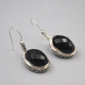 Oval Diamond-facet Black Agate Earrings Pure 925 Sterling Silver Earrings - Picture 1 of 4