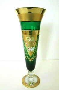 Vintage HANDBEMALTE VENEZIANISCHE GRÜNE KUNSTGLAS GOLD VERGOLDET VASE 10" hoch - Bild 1 von 12