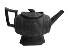 Georgian English Black Basalt Teapot, Barrel Shape, Grapes & Leaves, c. 1820