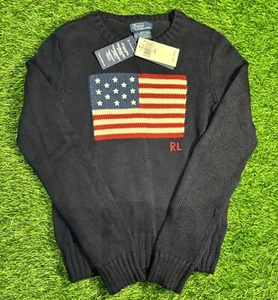 Polo Ralph Lauren VINTAGE USA Flag Knit Sweater Women’s XXS Blue $398 RARE NWT - Picture 1 of 4