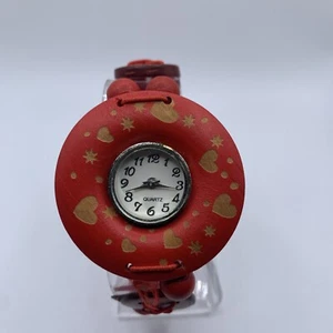 Vintage Women's Heart Wood Watch Red Beads Stretch Bracelet White Dial A73 - Picture 1 of 7
