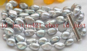 Natural 4 Rows 7-8/8-9/9-10mm Silver Gray Baroque Cultured Pearl Bracelets 7.5'' - Picture 1 of 16