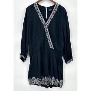 LOFT Romper Womens Long Sleeve Wrap Embroidered V-Neck Pockets Rayon Black L - Picture 1 of 12