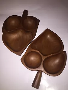 2 ~ Vintage Teak Holz Blatt Nuss Süßigkeiten 3 Abschnitte Schüssel Servierschale Made in Thailand - Bild 1 von 12