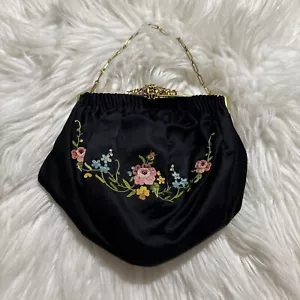 Antique 1930s Silk Needlepoint Evening Bag Black Made In France Gorgeous - Picture 1 of 18