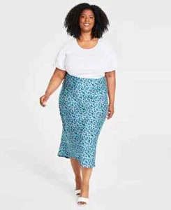 On 34th Trendy Plus Size Garden Floral Slip Skirt Women's 1X Tepid Teal Pull On - Picture 1 of 15
