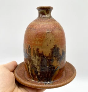 Studio Art Pottery Artist Signed Drip Glaze Weed Pot Bud Vase Jewelry Saucer - Picture 1 of 11