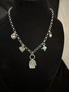 Vintage Sterling Silver Link Charm Necklace With Turquoise - Imagen 1 de 16