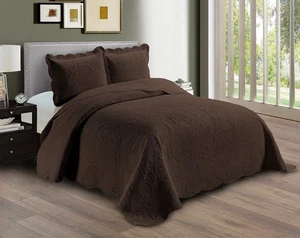 Leinen Plus Geprägte Decke Tagesdecke Set Übergröße Einfarbig Kaffee King/Califo... - Bild 1 von 2