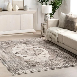 3x5' Vintage Medallion Ultra Thin Rug, Light Grey, Machine Washable - Gladys - Picture 1 of 6