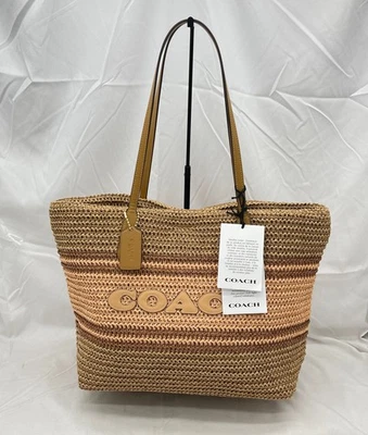 Coach Womens City Tote Shoulder Bag Woven Straw CBG87 Hoey Brown Multi - Image 1 of 4