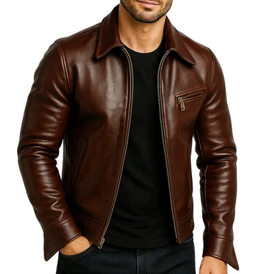 Mens Cafe Racer Biker Real Leather Jacket Brown Colour Lambskin Motorcycle Coat - Image 1 of 4