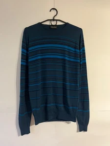 John Smedley Navy Blue Classic Luxury Striped Pure New Wool Sweater M Made in UK - Picture 1 of 8