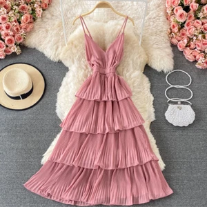 Ladies V-neck Long Tiered Dress Sleeveless Pleated Layered Ruffled Beach Dress - Picture 1 of 19