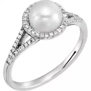 Perla de agua dulce y anillo de diamantes de piedra natal estilo Halo de 1/5 CTW en oro blanco de 14 quilates - Imagen 1 de 1