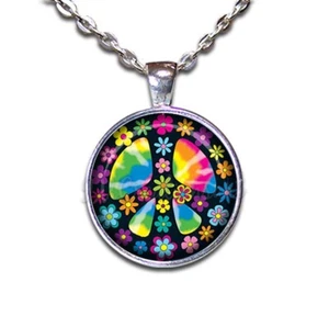 Retro Hipster Peace Sign Flowers Colors Handmade Round Glass Pendant Necklace - Picture 1 of 10