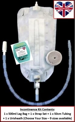 Incontinence Kit: Urine Collection Leg Bag + Straps + Penile Sheath + Tubing NEW