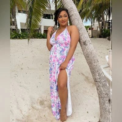 Vestido maxi feminino Pink Lily Believe in Destiny Halter com fendas nas pernas médio novo sem etiquetas - Imagem 1 de 4