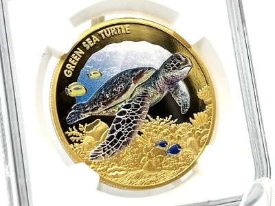 Niue 2014 100$ Endangered and Extinct GREEN SEA TURTLE 1 oz Gold Coin NGC PF70 - Image 1 of 4
