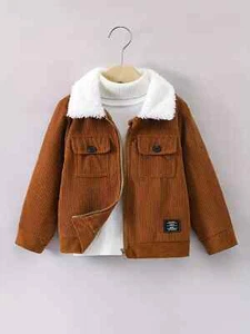 Boys' Corduroy Fabric Splicing Fleece Collar Zipper Cardigan Thin Jacket Jacket - Picture 1 of 23