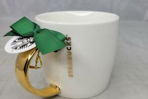 Starbucks 2015 White Ceramic Coffee Mug Gold Handle & Vertical Letters 14 Oz NEW