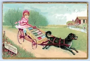 J&P MÄNTEL BESTE SECHS SPULEN BAUMWOLLE * HUND ZIEHT FADENWAGEN * VIKTORIANISCHE HANDELSKARTE - Bild 1 von 2