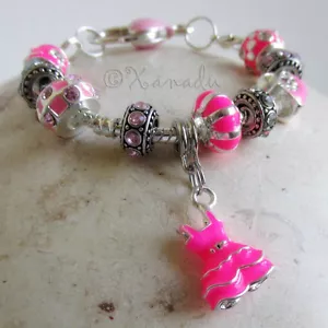 Pink Fashionista European Charm Bracelet With Pink And Fuchsia Rhinestone Beads - Picture 1 of 11