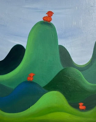 Três ovelhas pintura a óleo original colinas verdes ovelhas certificado de autenticidade - Imagem 1 de 4