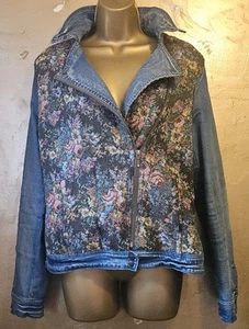 Promod Vintage Blue Denim&Carpet Tapestry Biker Style Jacket, s.16, Pockets/Zip. - Picture 1 of 14