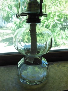 VINTAGE CLEAR PANELED GLASS OIL LAMP BURNER CHIMNEY NEW WICK SOLID BASE SB#1 - Picture 1 of 12