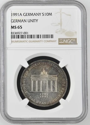 Alemania 1991 plata 10 marcos NGC MS-65 unidad alemana Foto 1 de 2