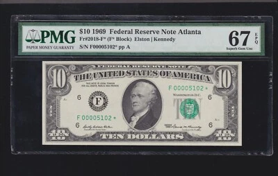 US 1969 $10 FRN Atlanta STAR NOTE* FR 2018-F* PMG 67 EPQ SUP GEM CU (102*) - Image 1 of 2