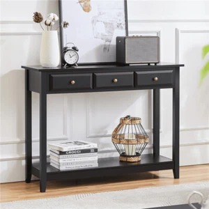 3-Drawer Wooden Console Table with Storage Shelf for Entryway Living Room Black - Picture 1 of 8