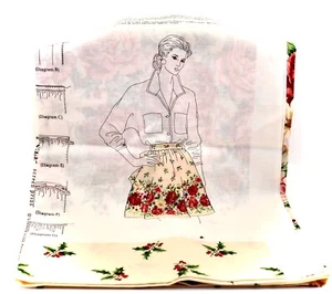 Holiday Victorian Roses Apron,Waist Ties,Ecru,Mistletoe,Flowers,PineCones,Cotton - Picture 1 of 2