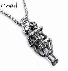 MENDEL Skull Skeleton Pendant Necklace Stainless Steel Biker Halloween Jewelry - Picture 1 of 5