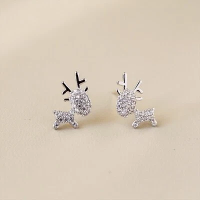 Lindos pendientes de alce de Navidad con tachuelas de plata de ley 925 de cristal de moda para mujer 0967 Foto 1 de 4