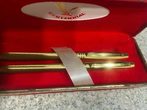 Vintage Centennial Ball Point Pen and Mechanical Pencil Set Gold Tone Red Box - Picture 1 of 9