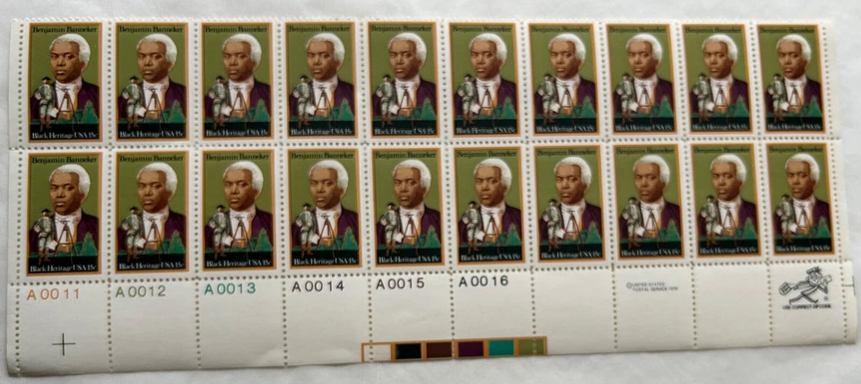 #1804, BENJAMIN BANNEKER,  15ct. 1979, PLATE STRIP OF 20 STAMPS MNH-OG - Image 1 of 1