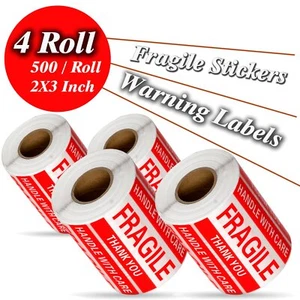 4 Rolls 500/Roll 2 x 3 Fragile Stickers Handle with Care Shipping Mailing Labels - Picture 1 of 10