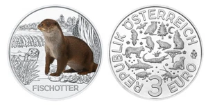 3 euros Tier-Taler Der Fischotter - Fish Otter Austria 2019 levantado a mano - Imagen 1 de 2