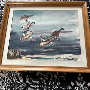 Lapole 1962 Wildlife  Watercolor  "Ducks In Flight" Signed Framed Matted - Picture 1 of 7