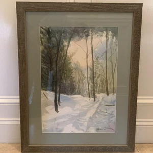 1997 Roberta Moses Aquarell Gemälde Winterlandschaft Szene 27” x 22” signiert - Bild 1 von 7