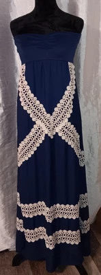 JUDITH MARCH LACE & NAVY BLUE STRAPLESS MAXI DRESS~ SIZE SMALL  - Image 1 of 4